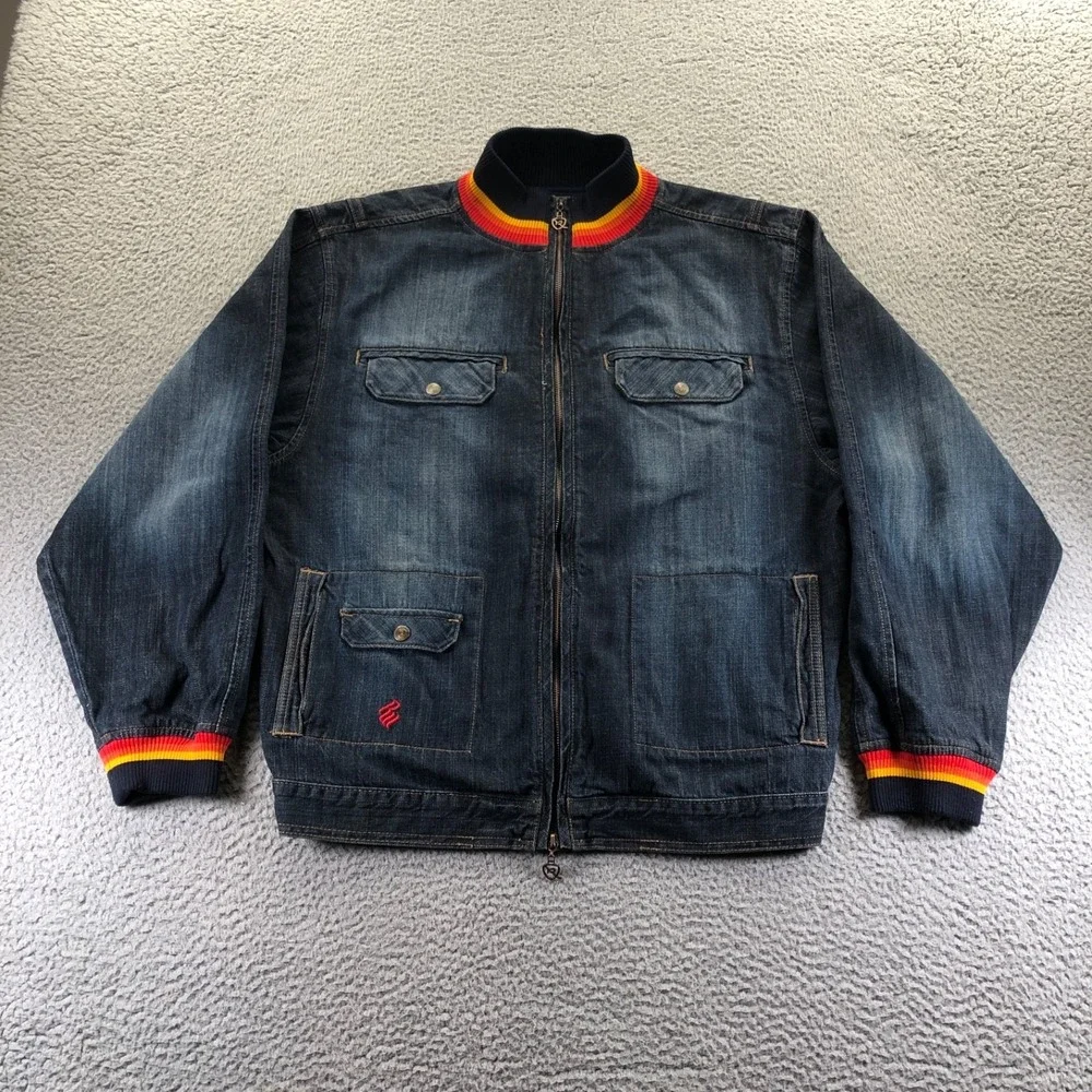 Vintage Rocawear Jacket Girls XL (18-20) Blue Denim Zip Felt Logo Y2k Hip Hop